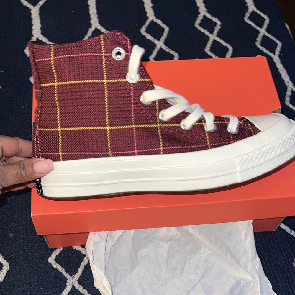 Converse Maroon Plaid High-Tops with White Accents